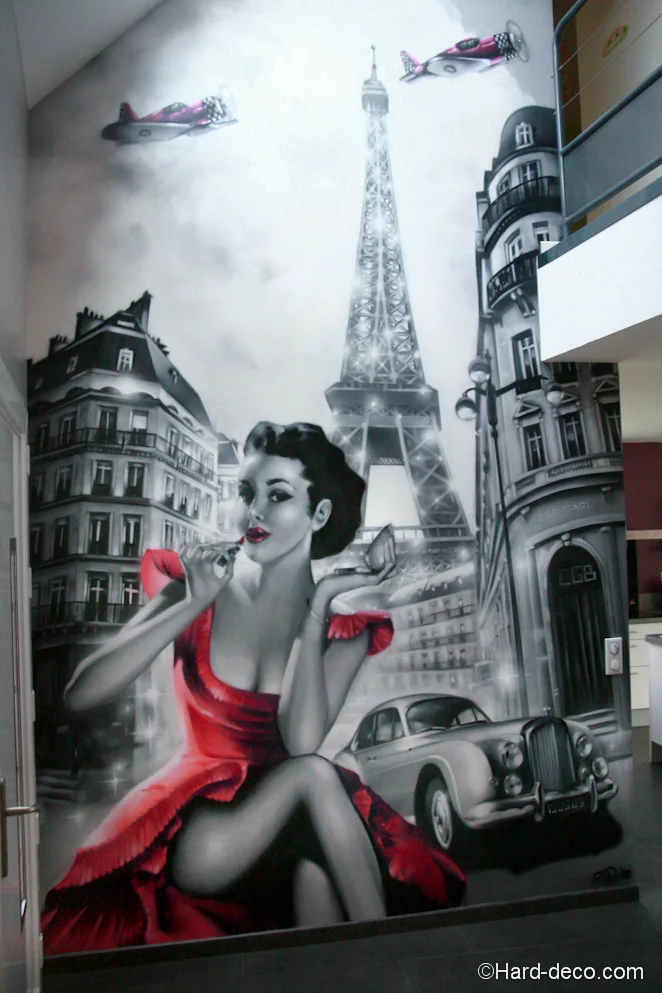 Deco fresque villa pinup paris noir blanc — murale sur mesure, Hard Déco