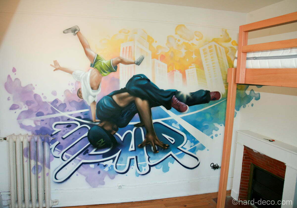 Fresque Hip Hop avec deux danseurs réalisée sur une surface de 3 mètre sur 2m.