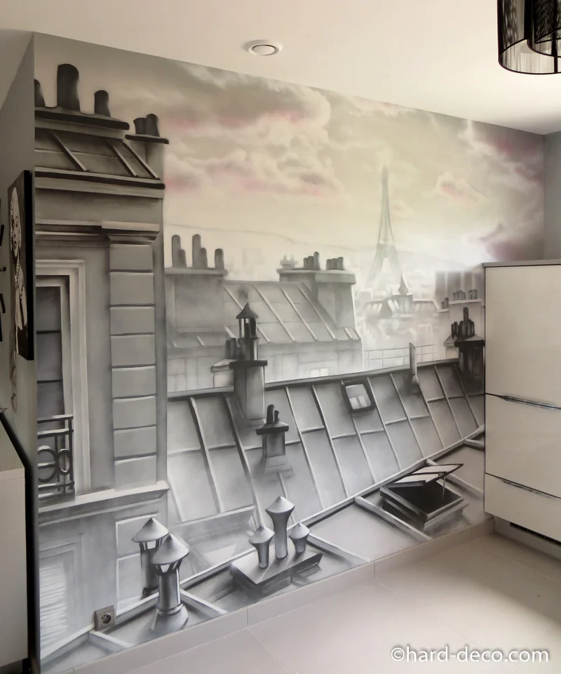 Decoration murale cuisine toits paris tour eiffel — fresque murale sur mesure, Hard Déco