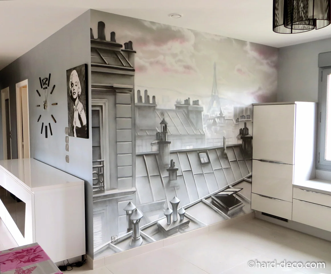 Fresque graffiti cuisine toits de paris tour eiffel — murale sur mesure, Hard Déco