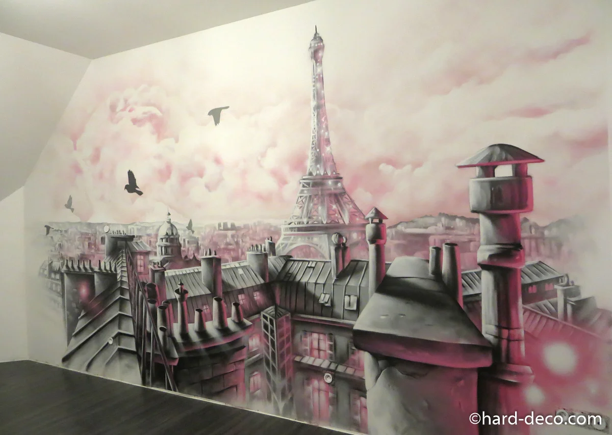 Fresque murale graffiti chambre enfant girly toits de paris — sur mesure, Hard Déco