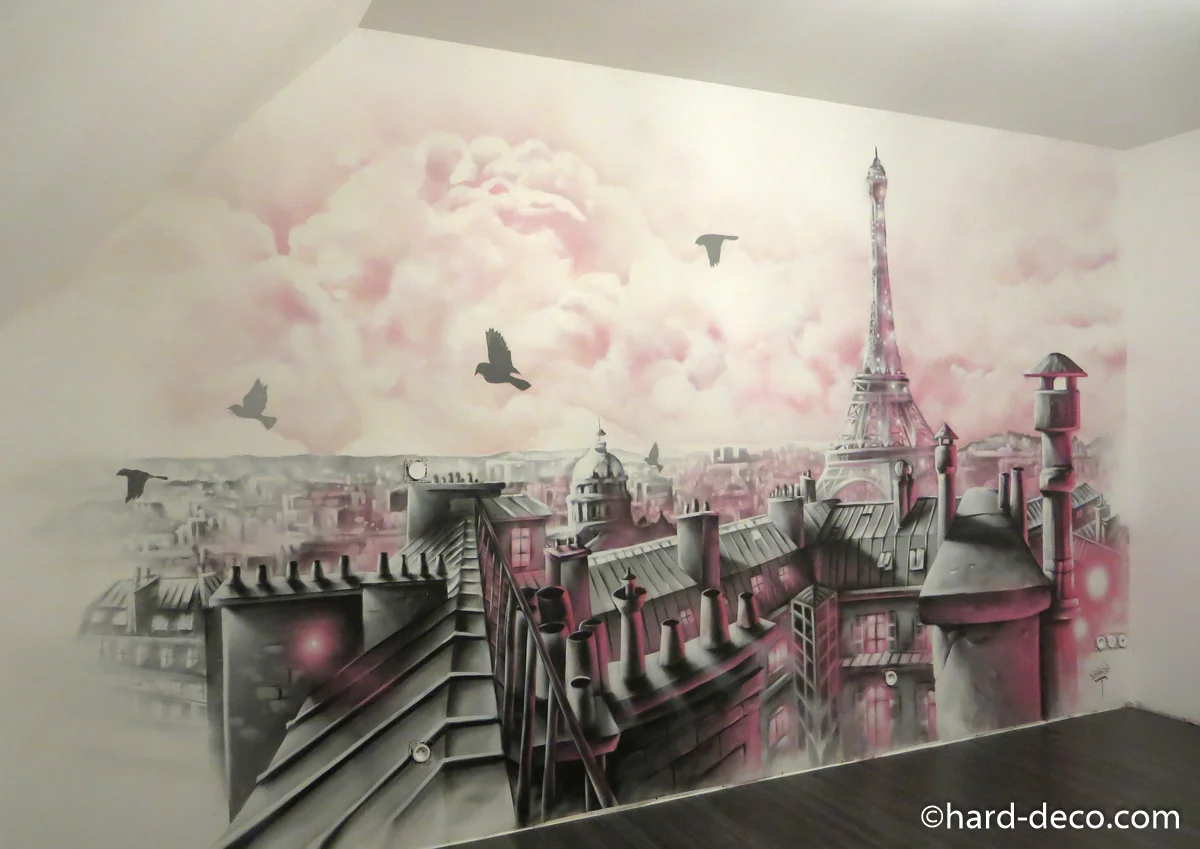 Fresque murale graffiti chambre enfant toits de paris girly — sur mesure, Hard Déco