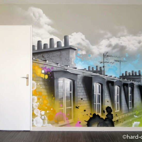 fresque murale graffiti salon toits paris peinture noir blanc couleur