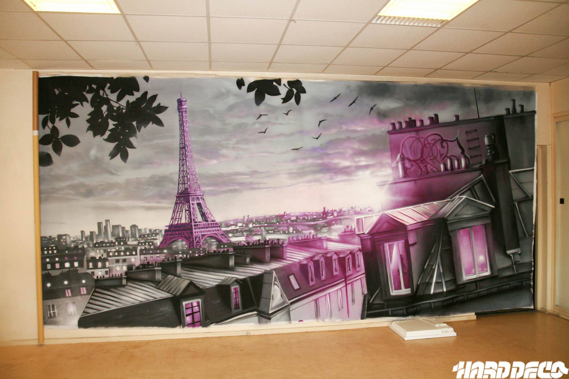 Fresque sur toile - vue des toits de Paris en Rose et Violet
