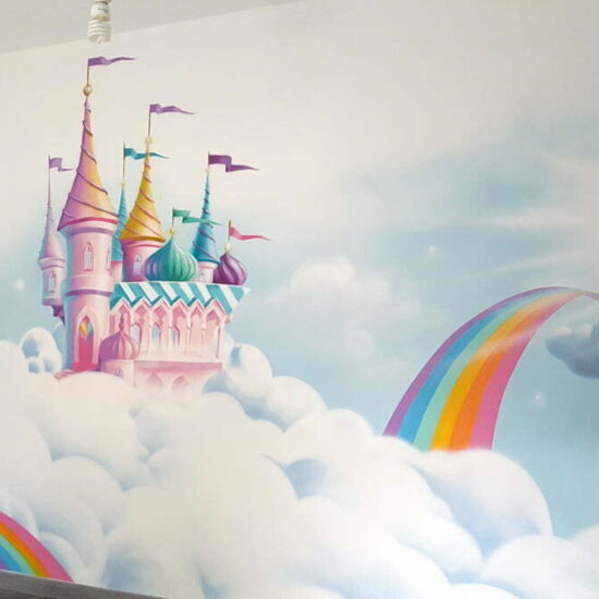 fresque murale graffiti chambre enfant licorne rainbow chateau princesse