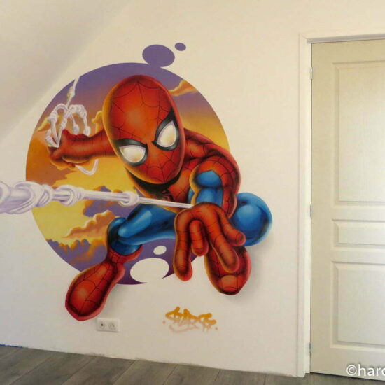 fresque murale graffiti chambre enfant spiderman marvel super squad