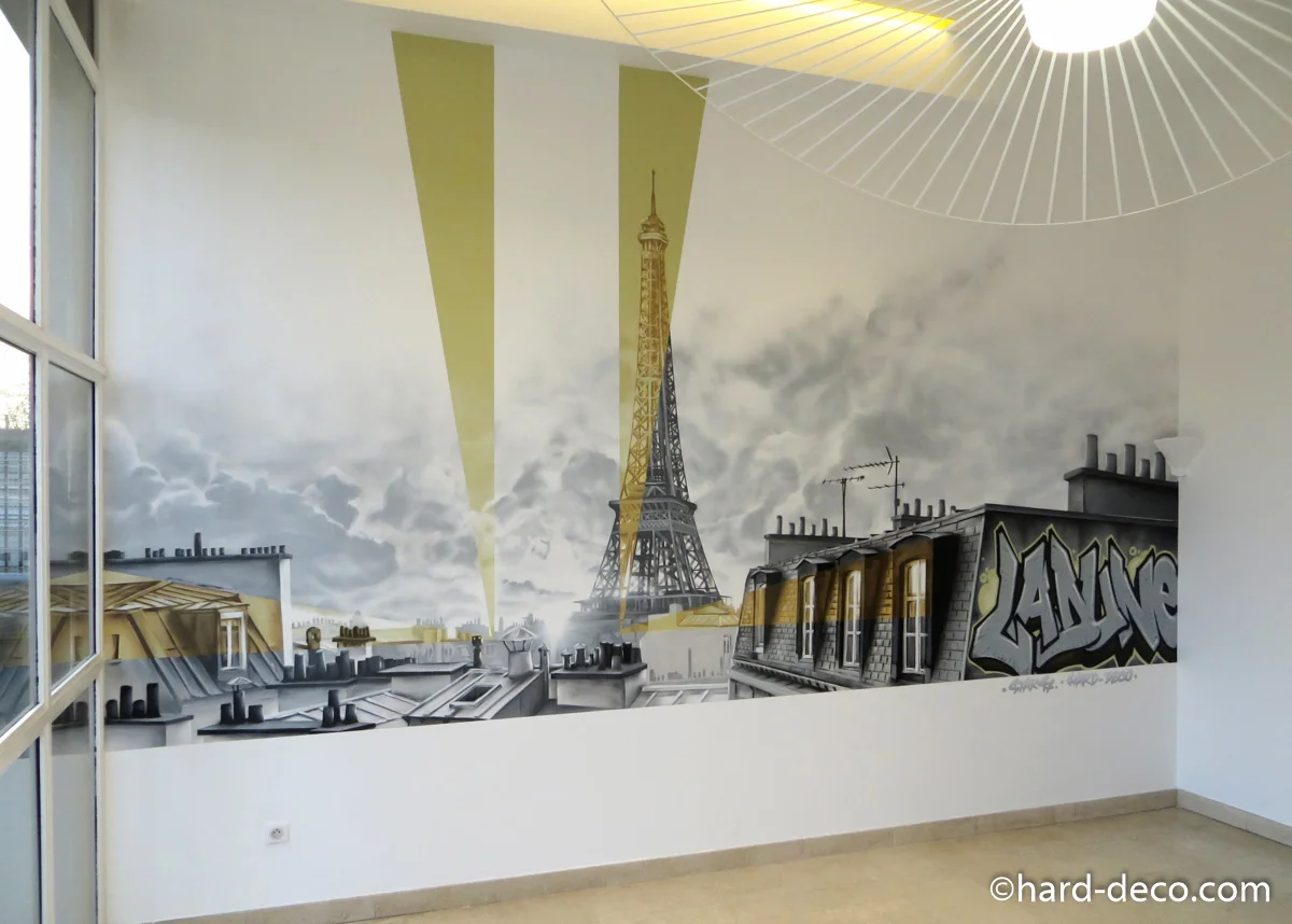 Fresque murale graffiti hall entreprise groupe ladune toits paris tour eiffel — entreprise, Hard Déco
