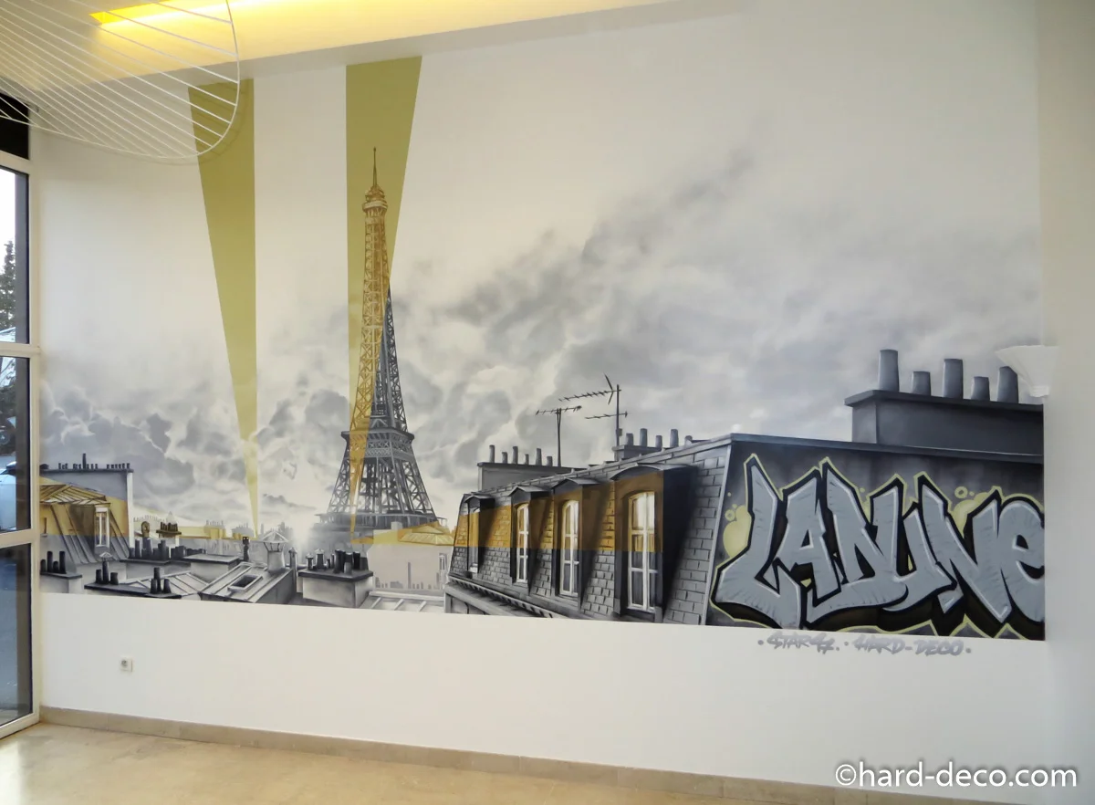 Fresque murale graffiti hall entreprise groupe ladune tour eiffel toits paris — entreprise, Hard Déco