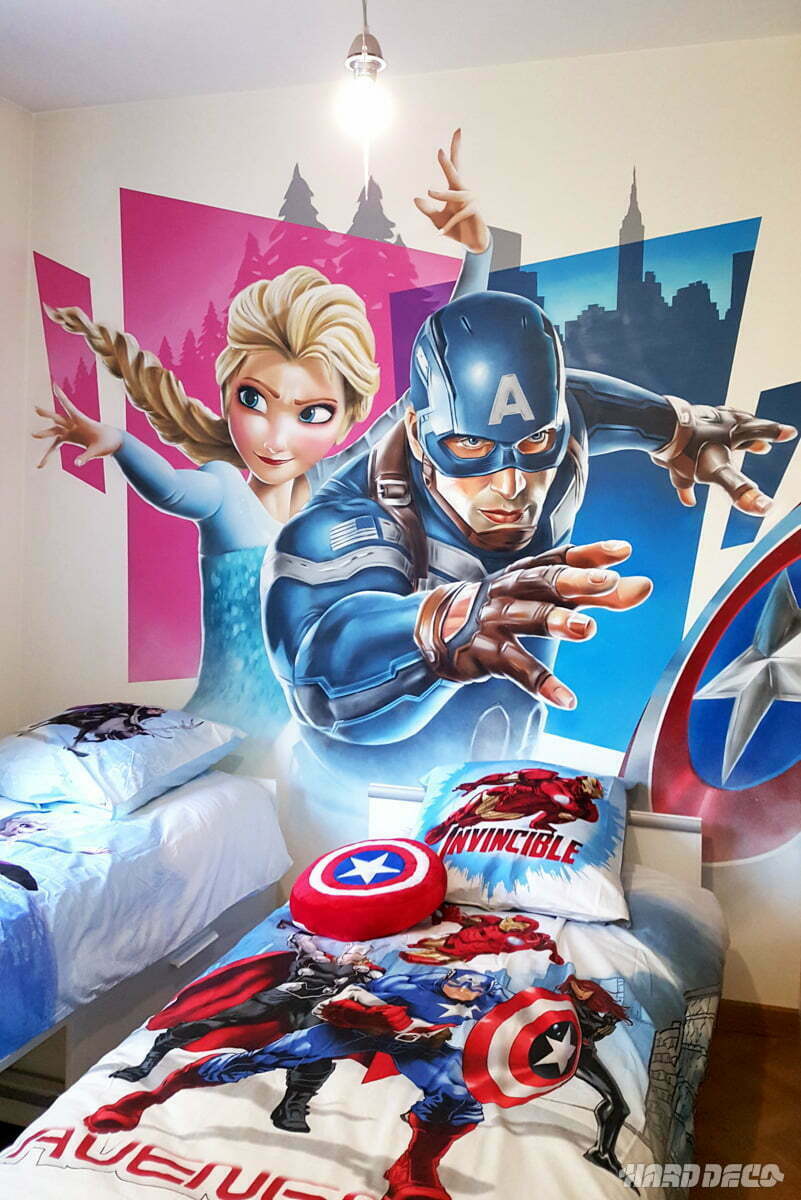 Fresque en tête de lit captain America et la reine des neiges