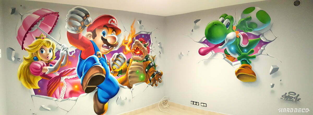 Fresque décorative pour une salle de jeux avec les héros de Mario