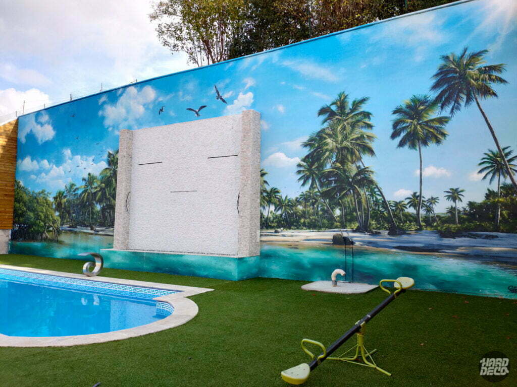 Fresque mur piscine exterieur plage paradisiaque — décoration de piscine, Hard Déco