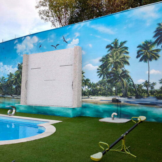 fresque mur piscine exterieur plage paradisiaque 3
