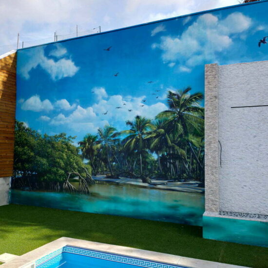 fresque mur piscine exterieur plage paradisiaque 4