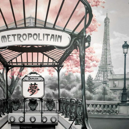 fresque murale tete lit metropolitain paris cerisier japonais