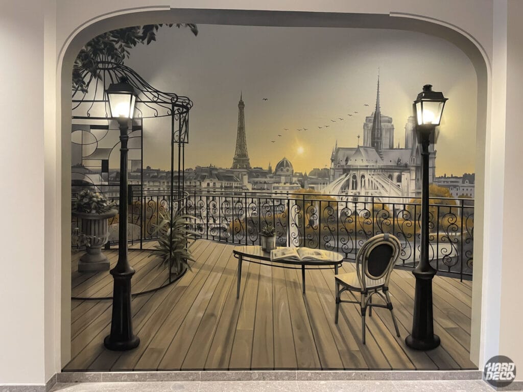 Fresque trompe loeil balcon paris — trompe-l'œil mural, Hard Déco