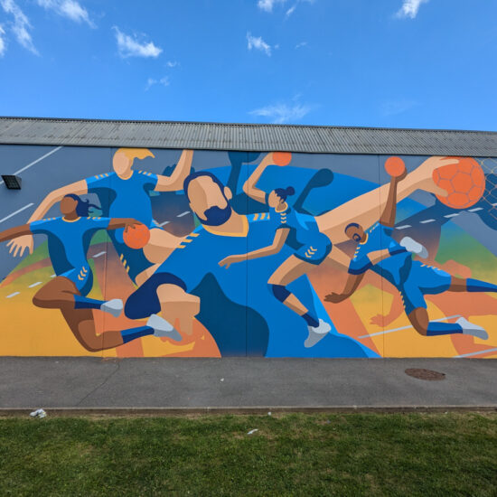 fresque murale hand gymnase bois rame 3