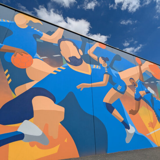 fresque murale hand gymnase bois rame 5
