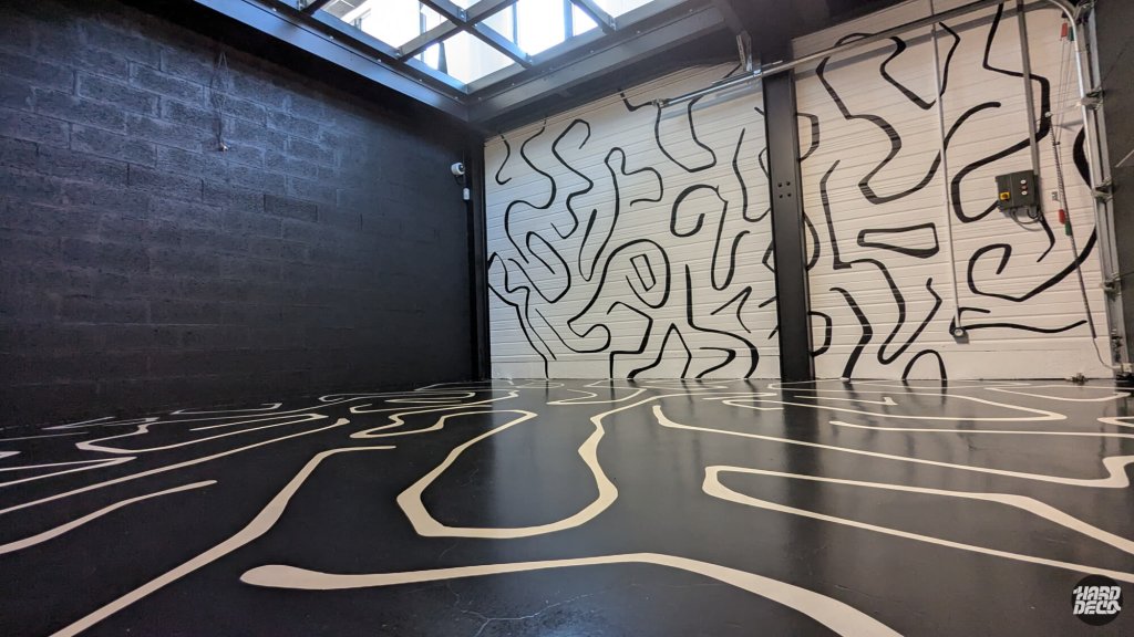 Vue d'ensemble du garage avec sol noir résiné et murs ornés de tracés abstraits noirs sur fond blanc