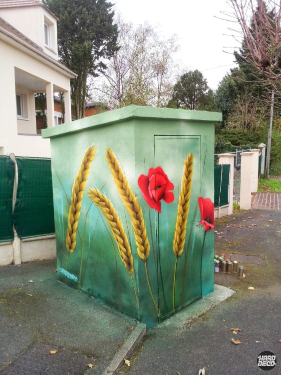 Armoire électrique décorée d'épis de blé dorés et de coquelicots rouges à l'aérosol, Villevaudé