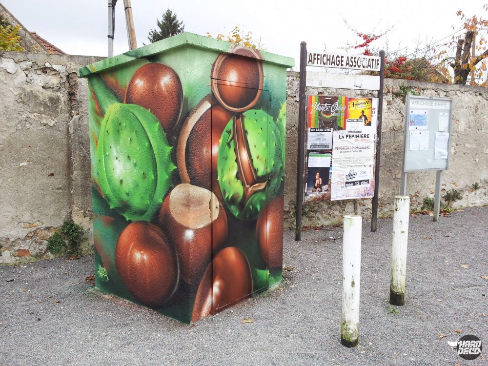 Armoire électrique peinte avec des marrons et bogues en gros plan hyperréaliste, Villevaudé