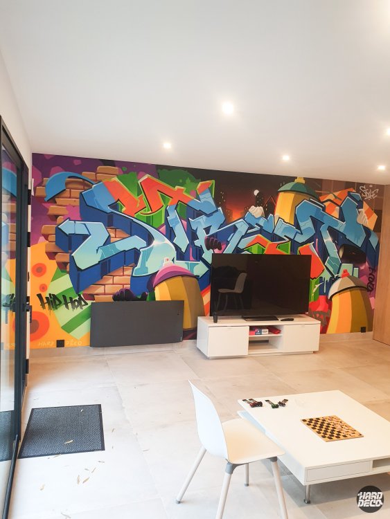 Fresque graffiti salon particulier vue en angle, lettres bleues et orange sur fond nocturne, télévision et mobilier blanc