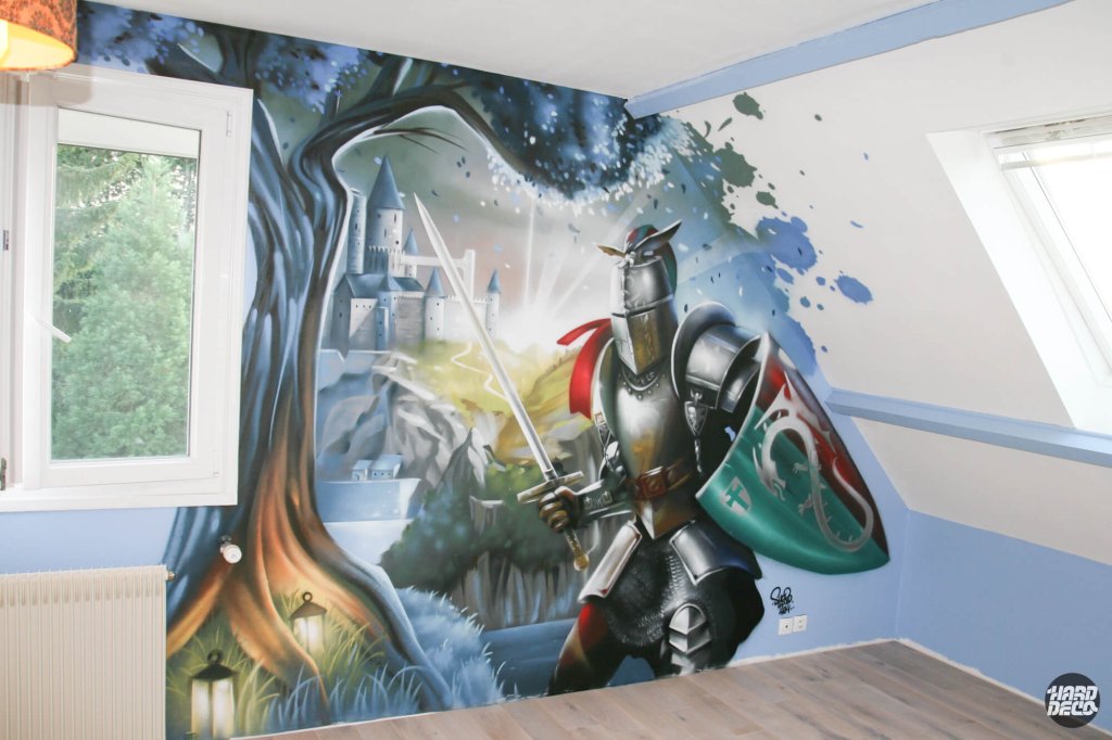 Fresque murale chevalier en armure avec château médiéval et arbre à lanternes dans une chambre enfant