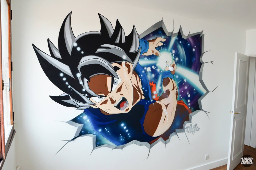 Fresque murale Dragon Ball Z Goku Ultra Instinct effet trompe-l'œil mur craquelé chambre enfant