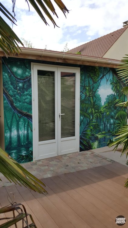 Fresque jungle sur façade de jardin encadrant une porte-fenêtre blanche, lianes et forêt tropicale