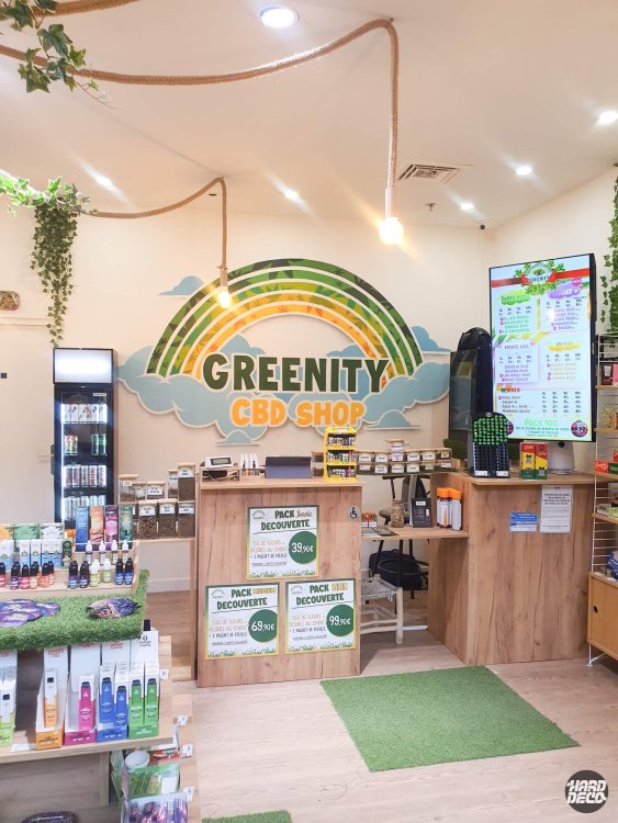 Fresque murale arc-en-ciel Greenity CBD Shop, aérosol, vue d'ensemble comptoir boutique