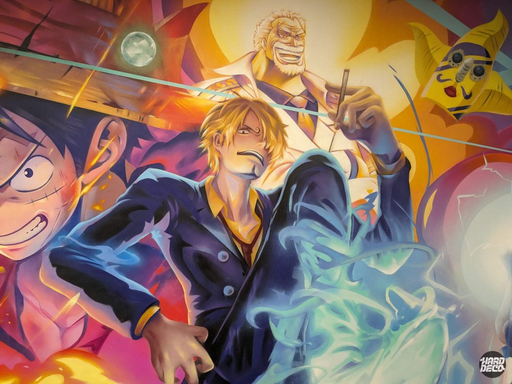Détail fresque One Piece, Sanji en veste marine et Luffy, aérosol haute définition, fond bleu et orange