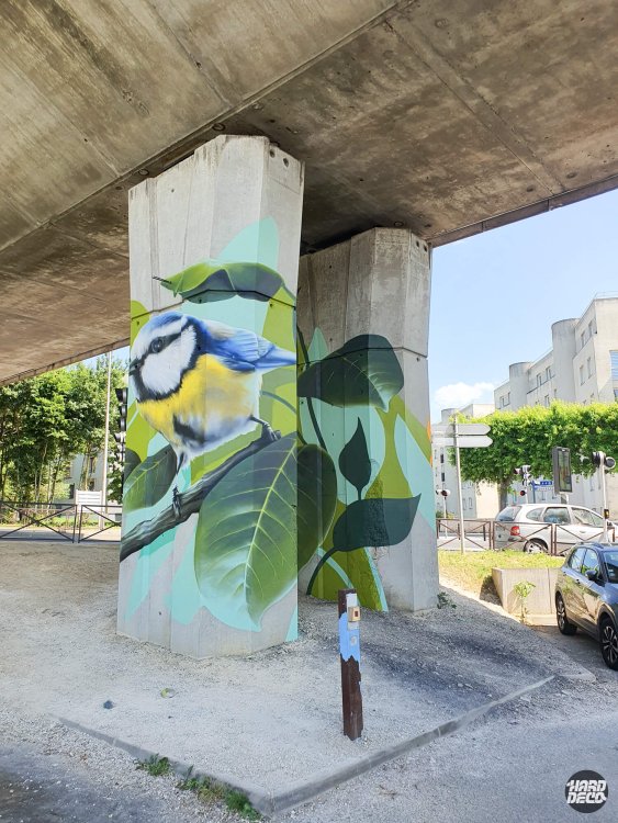 Mésange bleue hyperréaliste peinte à l'aérosol sur pilier béton du viaduc RER A à Torcy, feuillage vert