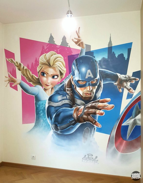 Fresque murale sur toile Elsa Reine des Neiges et Captain America, chambre enfant, aérosol hyperréaliste