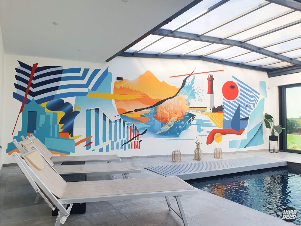 Toile décorative espace piscine, bandes marines, montagne coucher de soleil et plongeon, palette bleu orange rouge