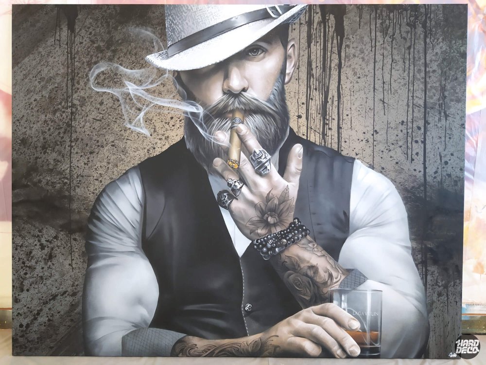 Toile portrait hipster barbu chapeau feutre blanc cigare verre Lagavulin tatouages aérosol Shero